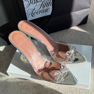 Amina Muaddi Silver Crystal Bow Heels